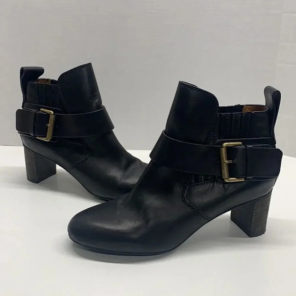 See By Chloe Ankle Boots Booties High Heeled Black Leather Gold Buckle 40 US 10 - Picture 1 of 12